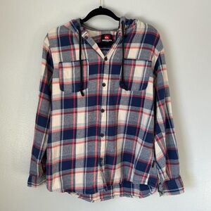 Quiksilver Red and Blue Plaid Hooded Shirt